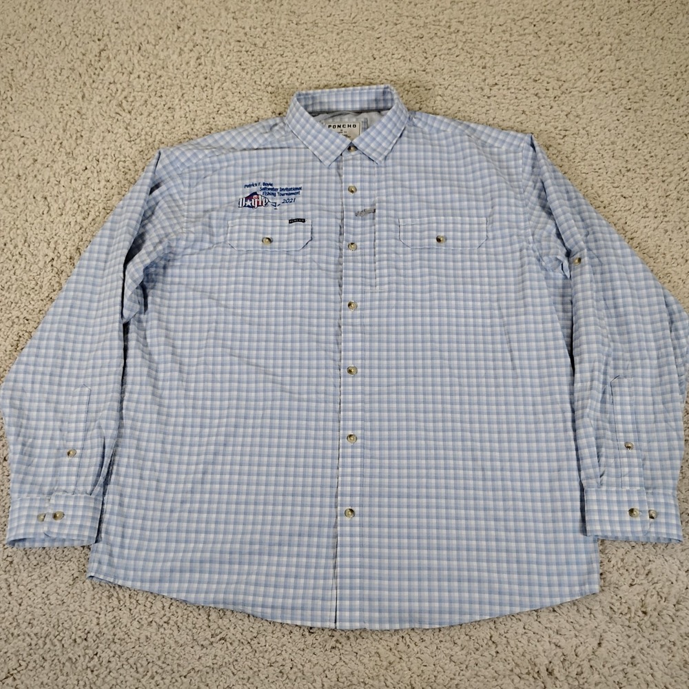 PONCHO Shirt Mens XL Blue Plaid Regular Long Magnetic Pockets Wahoo Fishing Logo